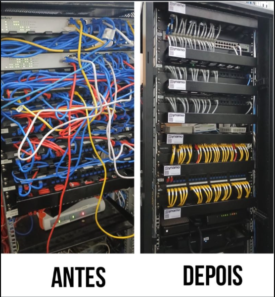 Rack embutido com cabeamento organizado