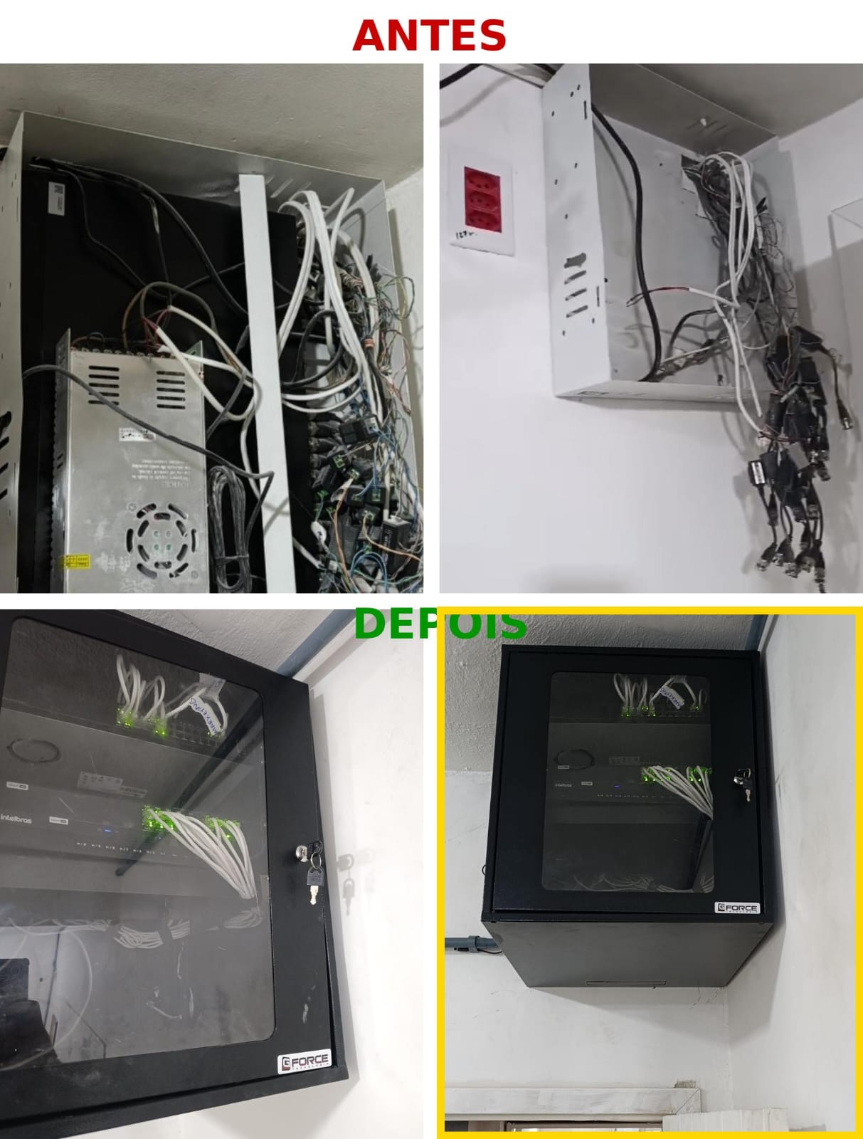 Comparativo antes e depois da organização de rack de CFTV