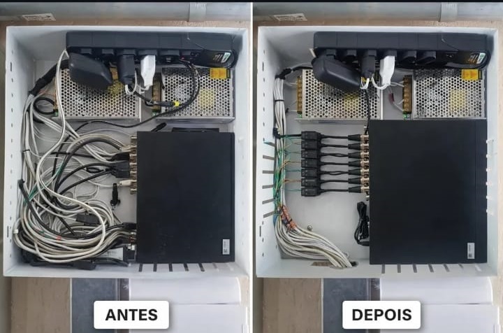 Comparativo antes e depois da organização de rack de CFTV